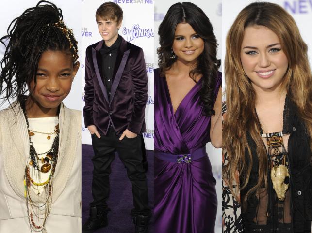 Od lewej: Willow Smith, Justin Bieber, Selena Gomez, Miley Cyrus