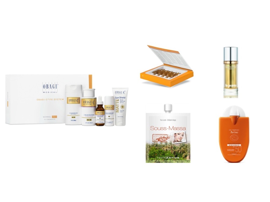 System OBAGI-C Fx, 1199zł; Overnight 100% Vit C Shock Serum Clarena, 120zł/10x3ml; Złoty fluid La Prairie, 2064zł/40ml; Peeling Terractive Souss-Massa, 9,99zł/16g; Refleks słoneczny Avene, 50zł/30ml